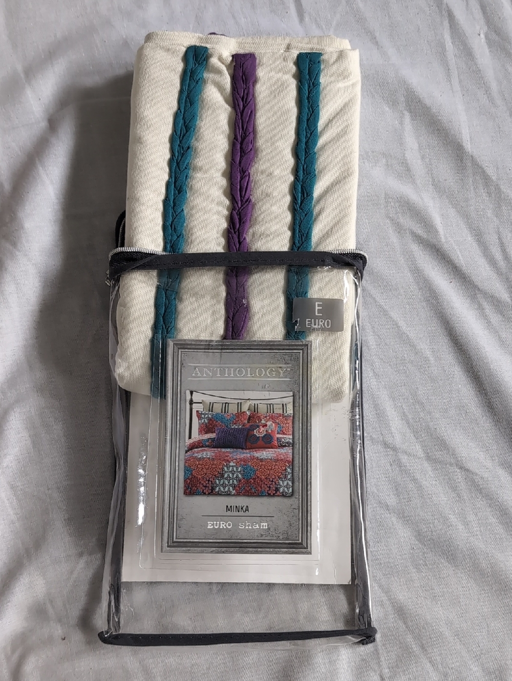 Anthology "Minka" Euro Sham - Cream with Teal & Purple Braided Stripes - 1